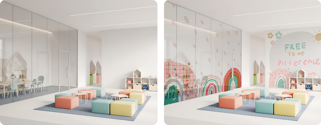 Kids Playroom Wall Design | Plaster & Glass Rainbow Mural